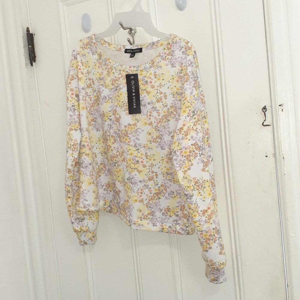 White Floral Print Sweatshirt S